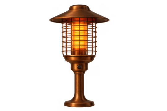 Bronze outdoor patio heater standing on a transparent background, keeping spaces warm in a classic brass style