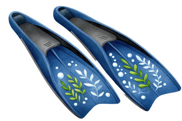 A pair of blue flippers featuring decorative leaf designs, ideal for snorkeling or swimming, combining functionality with artistic flair.