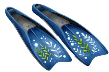 A pair of blue flippers featuring decorative leaf designs, ideal for snorkeling or swimming, combining functionality with artistic flair.