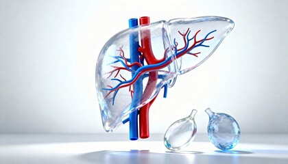 A transparent, stylized liver model with visible blood vessels and two adjacent gallbladders.