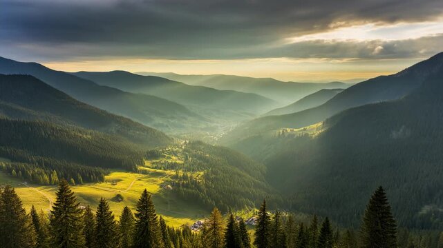 Impresionante vista a&eacute;rea de un valle monta&ntilde;oso cubierto de bosques con rayos de sol atravesando las nubes al atardecer.