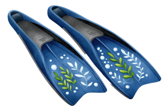 A pair of blue flippers featuring decorative leaf designs, ideal for snorkeling or swimming, combining functionality with artistic flair.