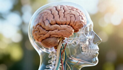 Transparent human head with a visible brain, skull, and neck structure, set against a blurred, natural background.