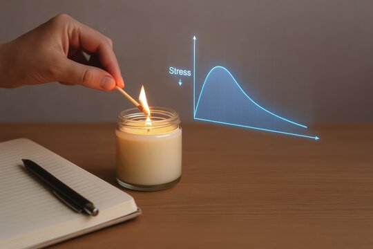 Longevity-Healthy Lifespan, Hand lighting a candle beside a notebook and pen, with a projected stress graph on the wall indicating relaxation.