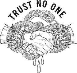 Trust No One emblem with a treacherous handshake coiled snake and spiked cuffs.