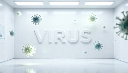A sterile, white room with the word "VIRUS" and floating virus particles.