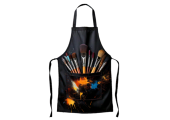 Black Apron with Paintbrushes and Splatters isolated on transparent or white background