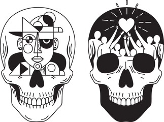 Two stylized black and white skulls one with an abstract cubist face and the other with a crowd holding a glowing heart.