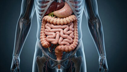 Detailed anatomical illustration of the human digestive system, showcasing internal organs.