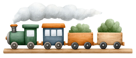 A colorful toy train with wooden cars and green cargo, puffing white smoke, evoking a whimsical and playful atmosphere.