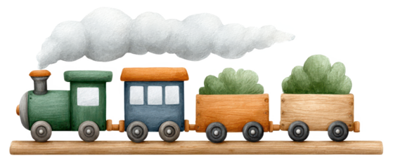 A colorful toy train with wooden cars and green cargo, puffing white smoke, evoking a whimsical and playful atmosphere.
