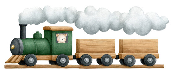 A colorful steam train featuring a friendly animal peering out of the cabin, pulling wooden cargo cars with billowing clouds of steam.