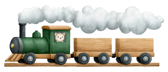 A colorful steam train featuring a friendly animal peering out of the cabin, pulling wooden cargo cars with billowing clouds of steam.