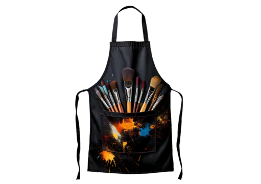 Black Apron with Paintbrushes and Splatters isolated on transparent or white background