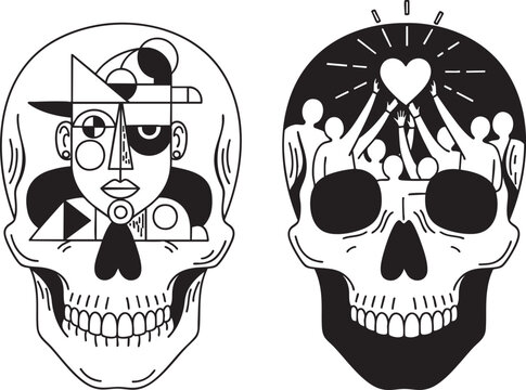 Two stylized black and white skulls one with an abstract cubist face and the other with a crowd holding a glowing heart.