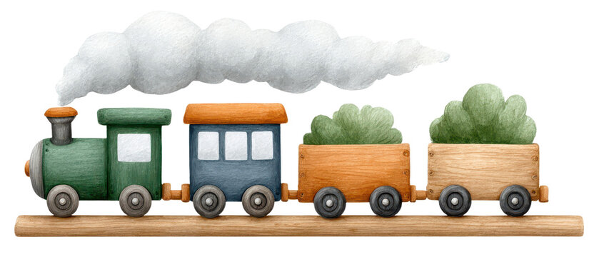 A colorful toy train with wooden cars and green cargo, puffing white smoke, evoking a whimsical and playful atmosphere.