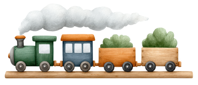 A colorful toy train with wooden cars and green cargo, puffing white smoke, evoking a whimsical and playful atmosphere.