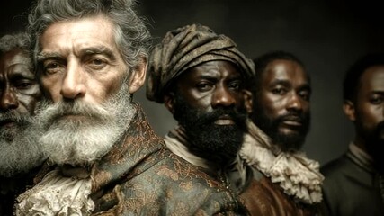 Group of historical figures in dramatic portrait setting