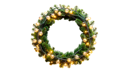 A christmas wreath made of green branches and small yellow lights arranged in a circle on a white background