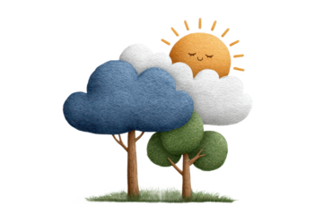 A whimsical illustration of trees and a smiling sun peeking through fluffy clouds, creating a cheerful, nature-inspired scene.