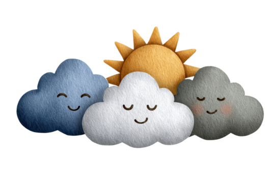 A cheerful arrangement of three smiling clouds and a sun, crafted with a felt-like texture, exuding a playful and whimsical atmosphere.