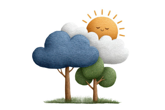 A whimsical illustration of trees and a smiling sun peeking through fluffy clouds, creating a cheerful, nature-inspired scene.