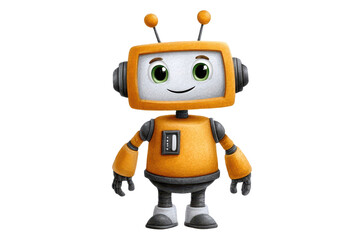A cheerful cartoon robot with a boxy head, large eyes, and a bright orange body, characterized by its friendly expression and playful design.
