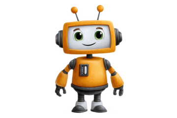 A cheerful cartoon robot with a boxy head, large eyes, and a bright orange body, characterized by its friendly expression and playful design.