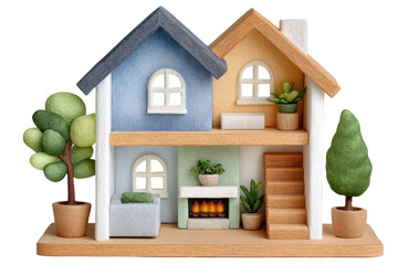 A charming miniature house model featuring two colorful roofs, plants, furniture, and a cozy fireplace.