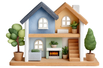 A charming miniature house model featuring two colorful roofs, plants, furniture, and a cozy fireplace.