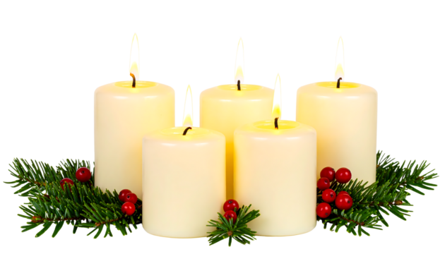 Five lit ivory candles surrounded by green pine needles and red berries, close-up shot on white background