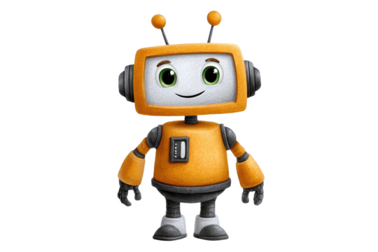 A cheerful cartoon robot with a boxy head, large eyes, and a bright orange body, characterized by its friendly expression and playful design.
