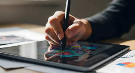 Close-Up of Hand Drawing with Digital Pen on Tablet