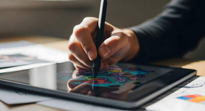 Close-Up of Hand Drawing with Digital Pen on Tablet