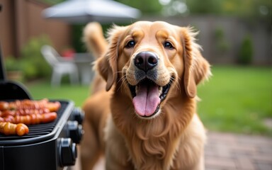 A cheerful golden retriever showcases its playful nature while standing near a barbecue grill, embodying the joys and warmth associated with summer gatherings. High quality