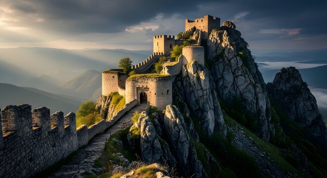 Castle ruins architecture medieval fortress landmark ancient historical building tourism travel europe hill - Powered by Adobe