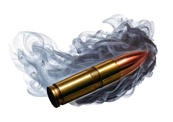 Bullet in motion leaving a trail of smoke isolated on a transparent or white background