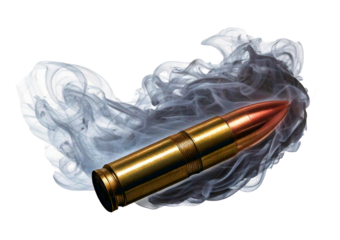Bullet in motion leaving a trail of smoke isolated on a transparent or white background