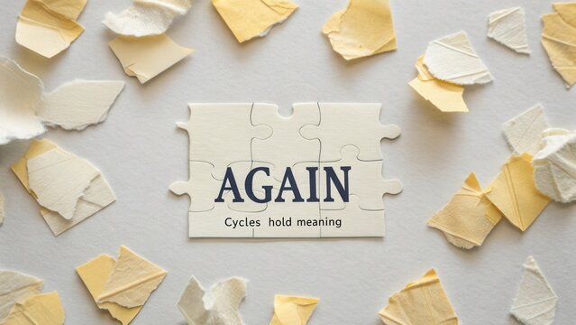 Conceptual Puzzle Piece with Text AGAIN Surrounded by Torn Yellow Paper, Symbolizing Cycles and Renewal in Life