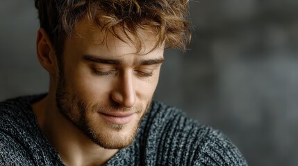 Peaceful young man meditating with closed eyes in soft morning light, calm atmosphere, relaxed pose, light grey background, warm serene mood.