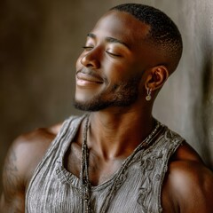 Peaceful young man meditating with closed eyes in soft morning light, calm atmosphere, relaxed pose, light grey background, warm serene mood.
