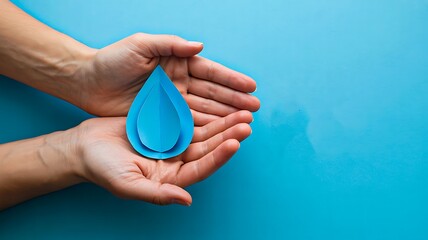 Hands holding blue paper water drop symbolizing conservation and sustainability