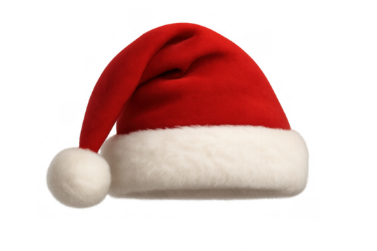 Santa claus hat resting, classic red christmas cap with white fluffy trim and pompom, holiday season symbol, transparent background