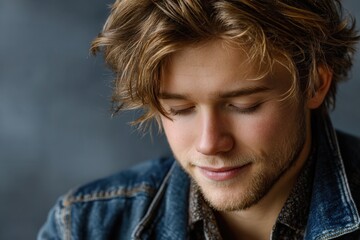 Peaceful young man meditating with closed eyes in soft morning light, calm atmosphere, relaxed pose, light grey background, warm serene mood.