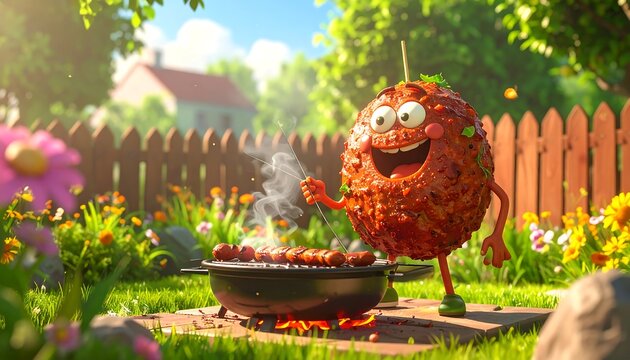 Happy Meatball Character Grilling in a Sunny Backyard Garden.