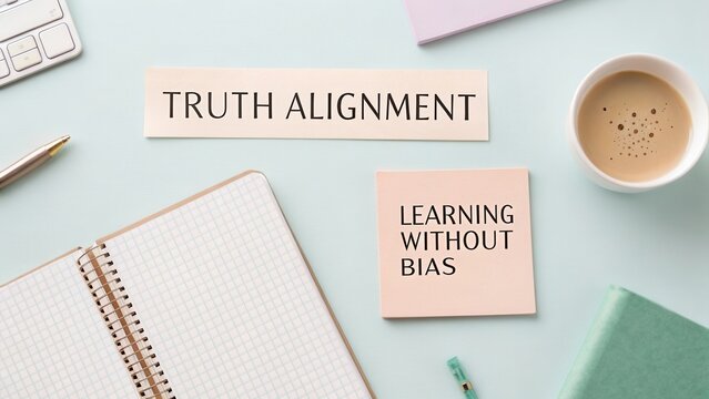 Creative workspace layout with notebook, sticky notes, mug, and office supplies, promoting truth alignment and learning without bias