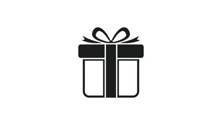 A stylized black and white gift box icon with a bow, representing presents, celebrations, and festive occasions.