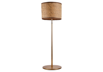 Metal tripod floor lamp with wicker shade isolated on a transparent or white background