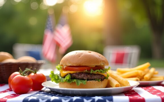 Happy family Independence Day celebration backyard BBQ. Festive red white blue decorations set for summer holiday picnic party. Delicious burger, fresh tomatoes, American flag on table. Sunny outdoor