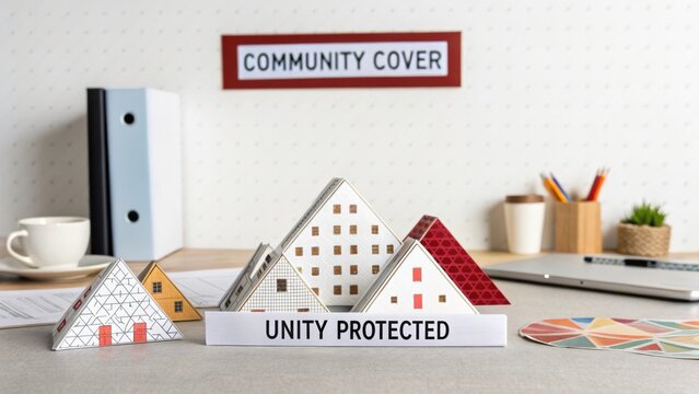 Creative Display of Paper Houses with Community Cover Sign on Modern Office Desk for Real Estate and Unity Concept